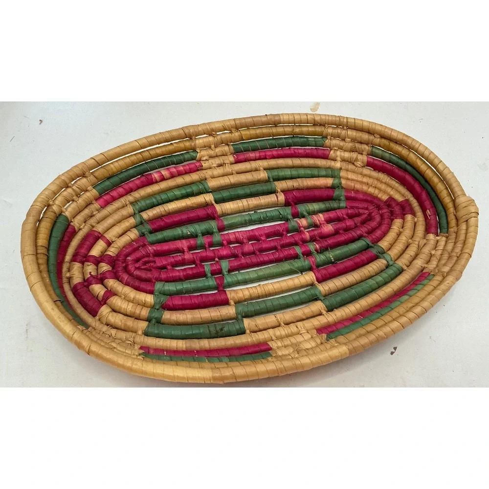 Vintage Woven Coil Basket Oval Pink‎ Green Geometric Boho Decor 10.5in